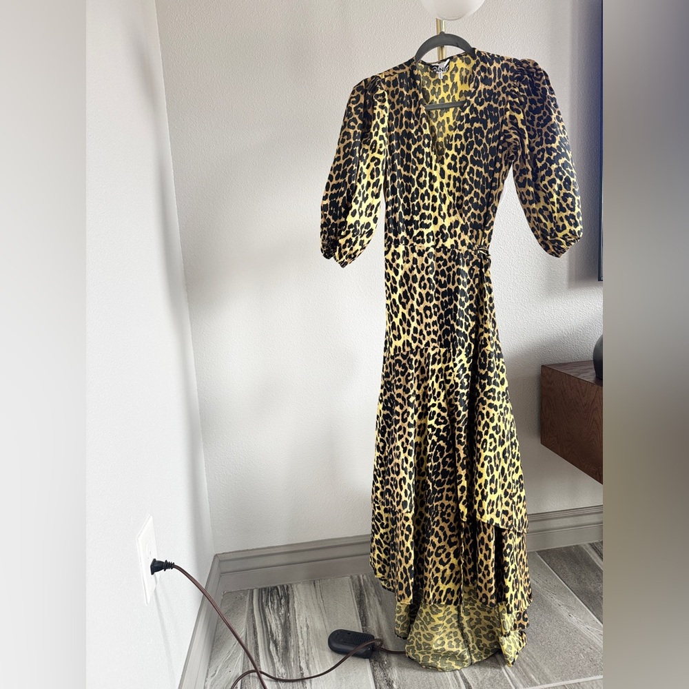 Ganni Black and Gold Puff Sleeve Wrap Dress